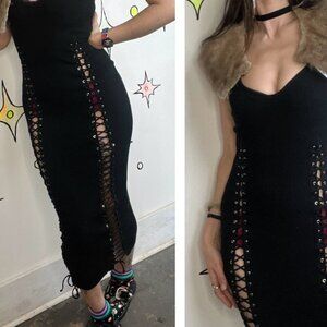 Y2K Black Bodycon Ribbed Lace Cat Woman Maxi Moto Biker Cyber Fairy Club Dress~M